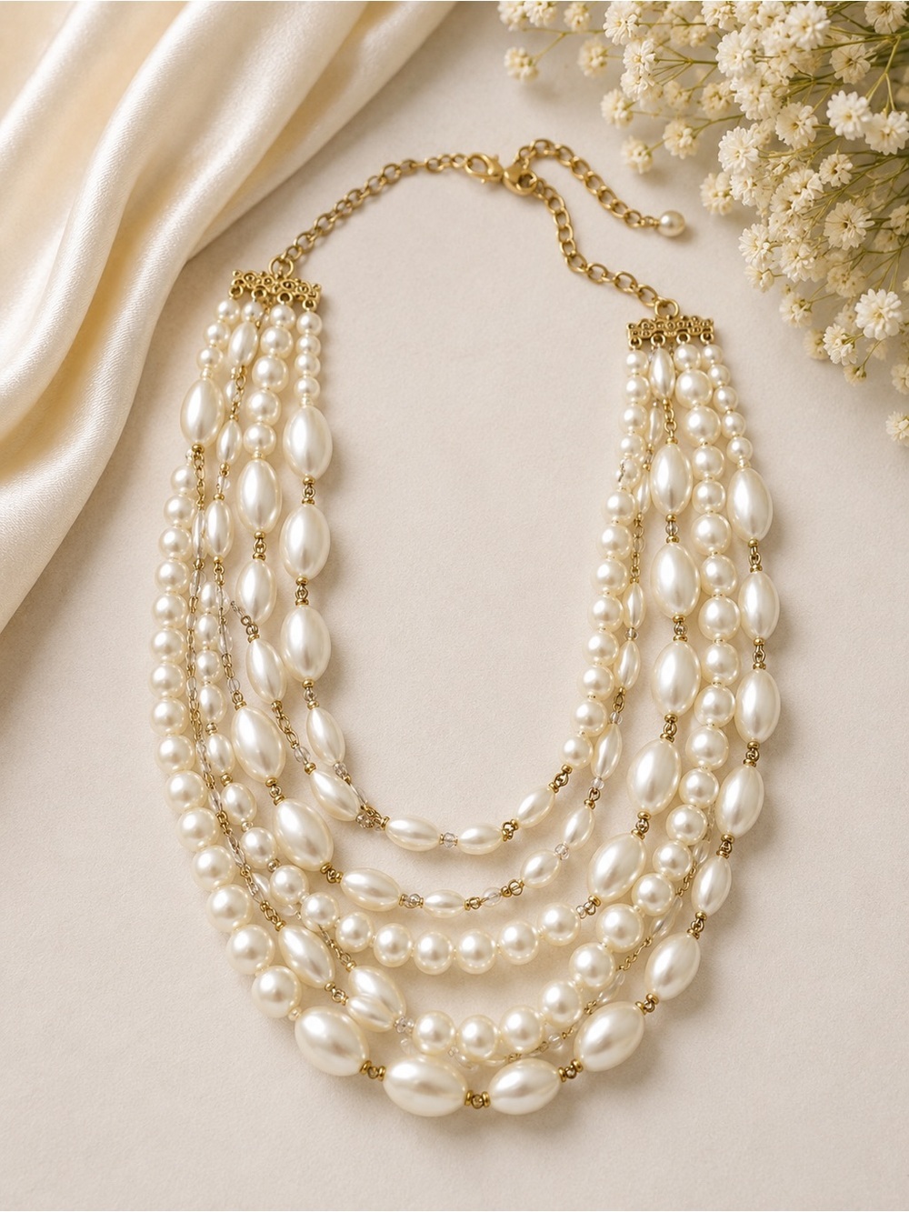 Elegant Multi Strand Pearl Bridal Statement Necklace Gold Tone Layered Jewelry - Picture 3 of 7